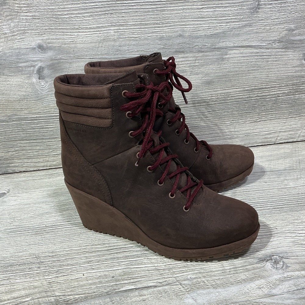 Merrell Boots Womens Size 8.5 Brown Leather Wedge Ankle Lace Up Booties J88674